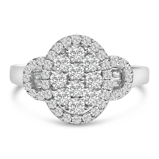 10K White Gold 1.0 Cttw Diamond Oval Cluster with Halo Vintage-Inspired Art Deco 3 Stone Style Statement Ring (G-H Color, SI1-SI2 Clarity)