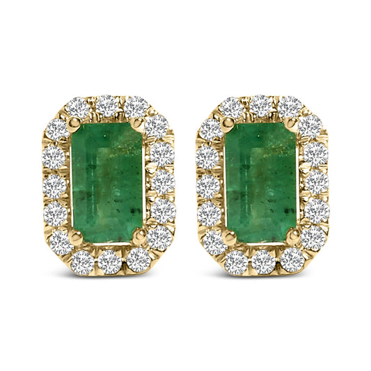 14K Yellow Gold Green Emerald and 1/8 Cttw Diamond Halo Octagonal Shaped Stud Earrings  (I-J Color, I1-I2 Clarity)