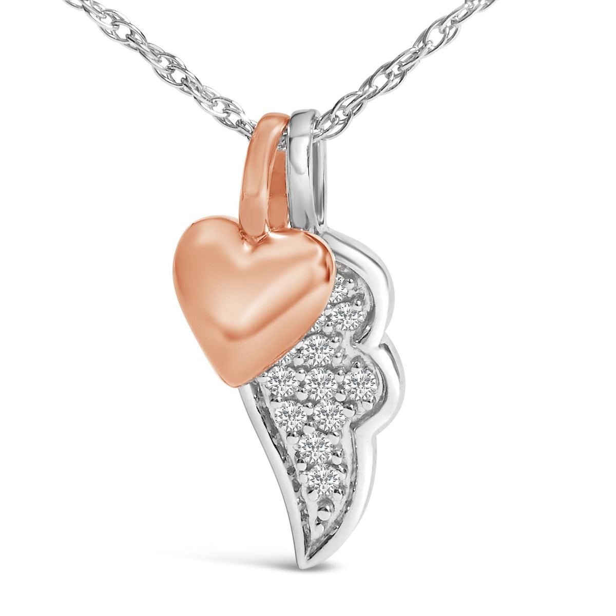 14K Rose Gold Plated Sterling Silver 1/10 Cttw Diamond Heart & Wing Pendant Necklace