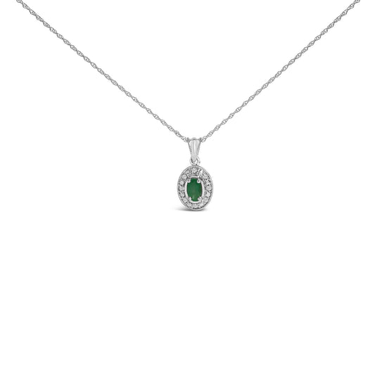 14K White Gold Oval Green Emerald and Diamond Halo Pendant Necklace - 18" Inches